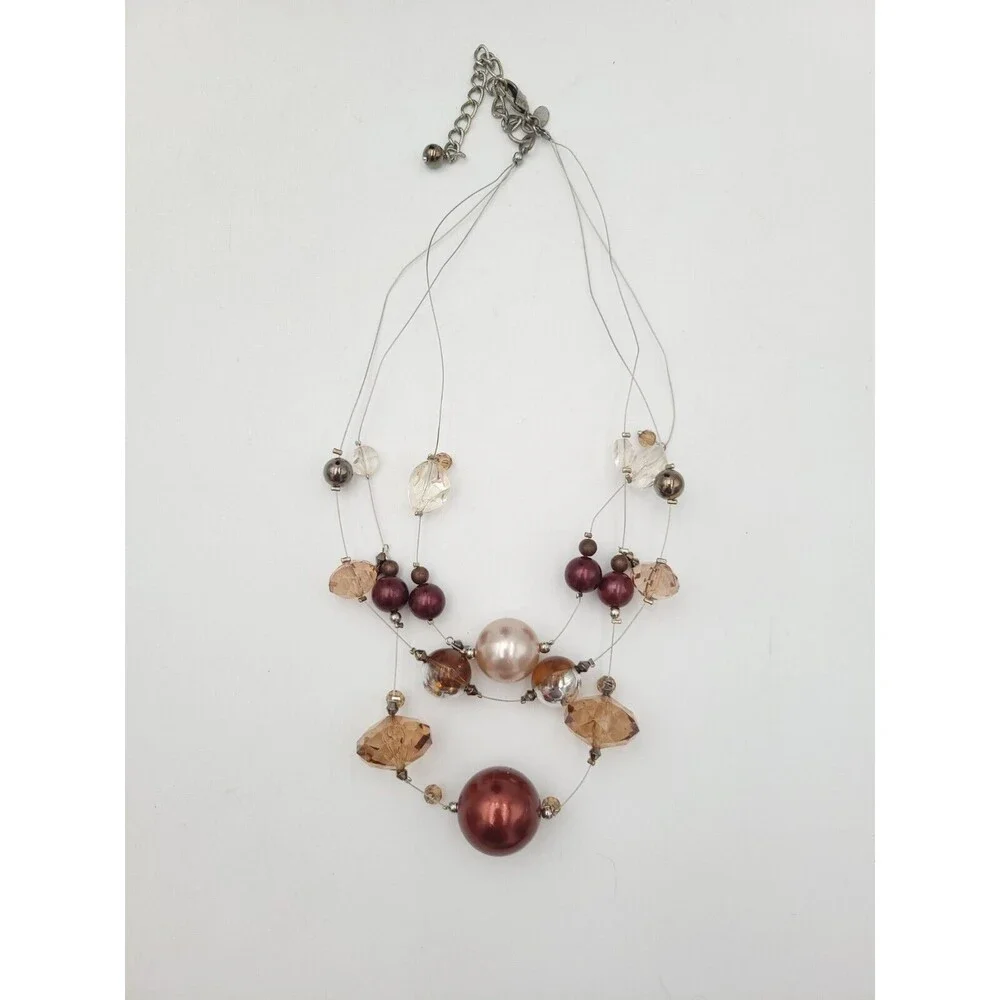 Chico's 3 Strand Wire Silver Tone Bronze Brown Beige‎ Floating Bead Necklace 21